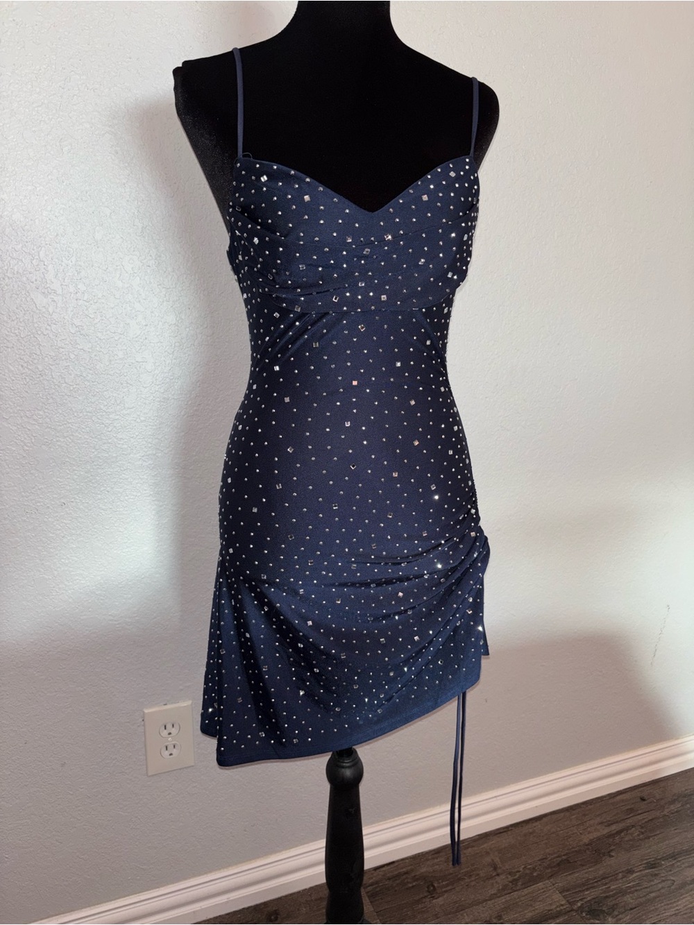 Windsor Rhinestone Navy Blue Mini Dress Adj Ruched Drawstring Slit NWT Club Bday